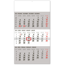 Kalendář Nástěnný kalendář 3měsíční standard šedý – s českými jmény 2024, 29,5 × 43 cm